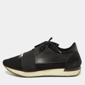 Balenciaga Black Leather and Mesh Race Runner Sneakers Size 44