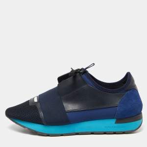 Balenciaga Blue/Black Leather,Suede and Mesh Race Runner Low Top Sneakers Size 41