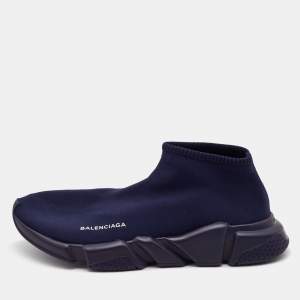 Pre Owned Balenciaga Navy Blue Knit Fabric Speed Trainer Sneakers Size 44