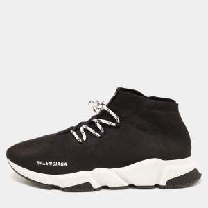 Balenciaga Black Knit Fabric Speed Lace Up Sneakers Size 45