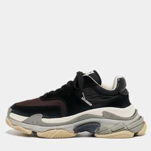 Balenciaga Black/Burgundy Suede and Nylon Triple S Sneakers Size 43