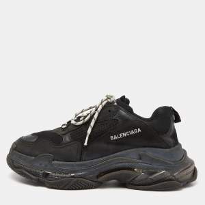 Balenciaga Black Nubuck Leather and Mesh Triple S Low Top Sneakers Size 44