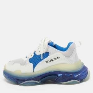 Balenciaga White/Blue Leather and Mesh Triple S Clear Sole Sneakers Size 41