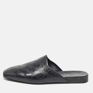 Balenciaga Black Logo Print Leather Slip On Mules Size 40