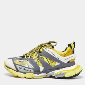 Pre Owned Balenciaga Yellow/Grey Faux Leather and Mesh Track Low Top Sneakers Size 41