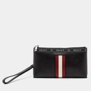 Bally Black Leather Stripe Hartland Wristlet Clutch
