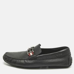 Pre Owned Bally Black Leather BB Horsebit Pebbled Driver Loafers Size 41.5         