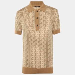 Pre Owned Balmain Beige Monogram Wool & Linen Knit Polo T-Shirt M