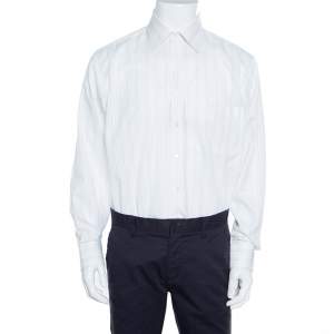 Balmain Off White Striped Cotton Long Sleeve Button Front Two Ply Shirt L