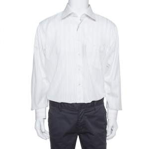 Balmain Cream Striped Cotton Long Sleeve Button Front Two Ply Shirt L