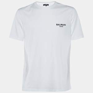 Pre Owned Balmain White Logo Embroidered Cotton Crew Neck T-Shirt L