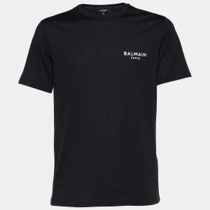 Pre Owned Balmain Black Logo Embroidered Cotton Crew Neck T-Shirt M