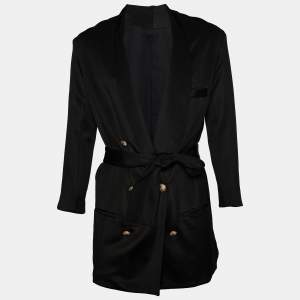 Pre Owned Balmain Black Jersey Belted Double Breasted Long Jacket M