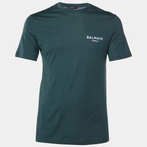 Pre Owned Balmain Deep Green Cotton Jersey Logo Embroidered Crew Neck T-Shirt S