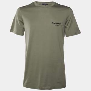 Pre Owned Balmain Khaki Green Cotton Jersey Logo Embroidered Crew Neck T-Shirt M