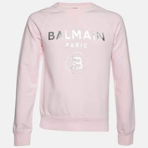 Balmain Pink Logo Print Cotton Crew Neck Sweatshirt S