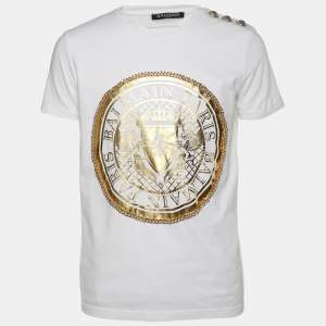 Balmain White Cotton Logo Print Chain Details T-Shirt M