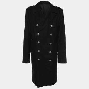 Balmain Black Viscose Blend Double Breasted Long Coat XXL