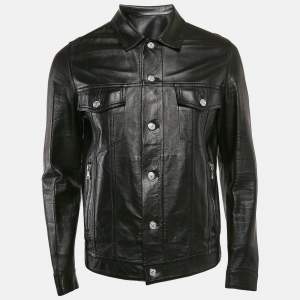 Balmain Black Logo Print Leather Button Front Jacket M