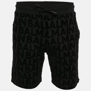 Balmain Black Logo Flock Print Cotton Knit Shorts M