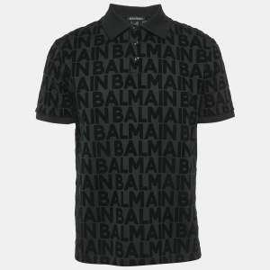 Balmain Black Logo Print Cotton Polo T-Shirt L