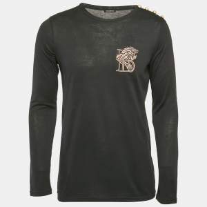 Balmain Navy Blue Embroidered Jersey Long Sleeve T-Shirt M