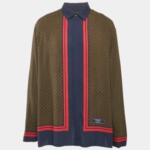 Balmain Brown Monogram Print Crepe Button Front Vacation Shirt XL