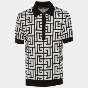 Pre Owned تي شيرت بلمان بولو محبوك بنمط المونوغرام من الصوف والكتان أسود مقاس ميديام/لارج