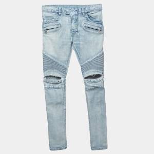 Pre Owned Balmain Blue Distressed Denim Biker Skinny Jeans M/Waist 32"