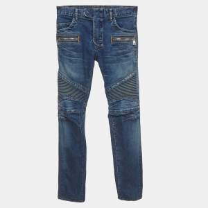مملوكة مسبقًا Balmain Blue Distressed Denim Biker Skinny Jeans S/Waist 30"