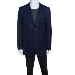 Pre Owned Balmain Super 120s Navy Blue Checkered Slim Fit Blazer XXL
