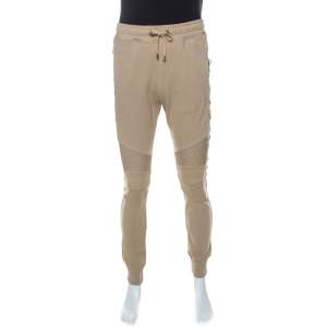 Balmain Beige Ribbed Knit Cotton Lace Up Detail Jogger Pants L