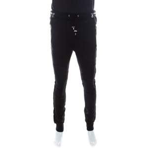 Balmain Black Cotton and Velvet Side Paneled Biker Jogger Pants L