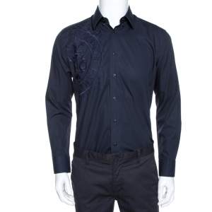 Balmain Navy Blue Logo Embroidered Cotton Casual Fit Shirt M