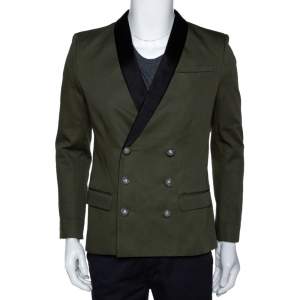 Pre Owned Balmain Military Green Gabardine Contrast Lapel Blazer XXXS