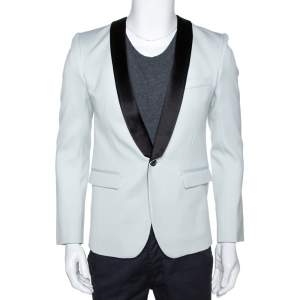 Pre Owned Balmain Pale Blue Wool Contrast Shawl Lapel Tuxedo Jacket M