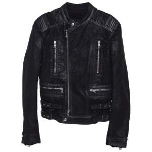 Pre Owned Balmain Black Coated Cotton Zip Front Biker Jacket S