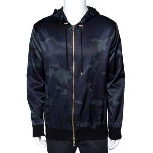 Pre Owned Balmain Navy Blue Camouflage Print Cotton Blend Zip Front Hoodie L
