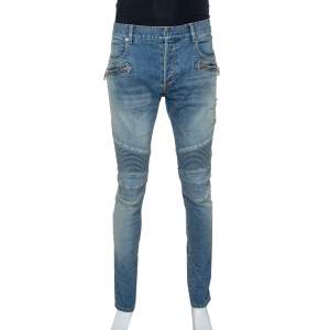 Balmain Blue Stonewashed Denim Skinny Biker Jeans L