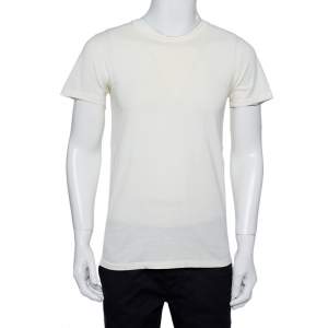 Balmain Cream Cotton Distressed Crewneck T-Shirt S   