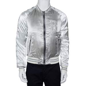 Pre Owned Balmain Silver Satin Logo Embroidered Medallion Bomber Jacket XS
