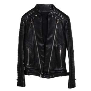 Balmain Black Leather Front Open Belted Waist Detail Moto Biker Jacket S