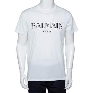 Balmain White Cotton Logo Velvet Printed Crewneck T-Shirt L