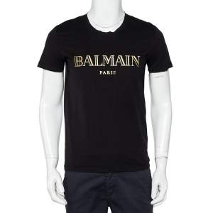 Balmain Black Cotton Metallic Logo Printed Crewneck T-Shirt M