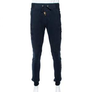 Balmain Navy Blue Logo Printed Cotton Knit Quilted Detail Biker Joggers XL