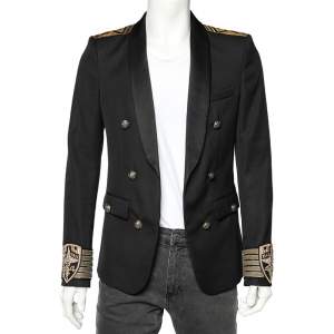 Pre Owned Balmain Black Wool Embroidered Cuff Detailed Open Front Blazer M