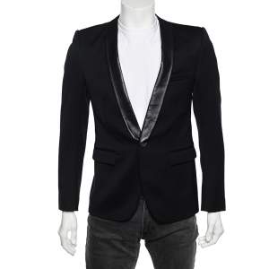 Pre Owned Balmain Black Wool & Leather Trim Shawl Lapel Blazer M