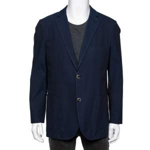 Pre Owned Balmain Blue Textured Cotton Slim Fit Single Breasted Blazer XXXL 