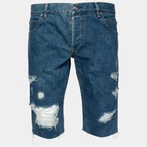 Balmain Blue Distressed Denim Frayed Edge Detail Shorts M