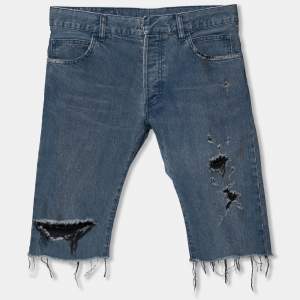 Balmain Blue Distressed Denim Frayed Edged Shorts M